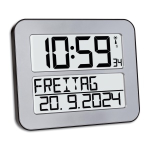 Ceas de perete digital TFA Dostmann Timeline Max, cu alarma, argintiu