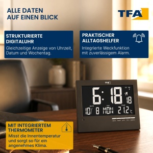 Ceas digital de perete TFA Dostmann 60.4508, cu iluminare automata, negru - Img 5