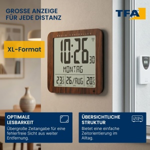 Ceas digital TFA Dostmann 60.4518.08, cu design lemnos, afisaj mare, termometru interior si exterior - Img 2