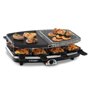 Cloer 6435 Raclette cu piatra naturala, 1200 W, 8 tigai antiaderente pentru raclette, farfurie despicata