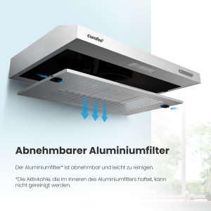 COMFEE CHU 36F17BS 60cm hote sub montaj Baza hota cu otel inoxidabil filtru detasabil din aluminiu flux de aer de 200 m3h 2 niveluri 1 lumina LED inox - Img 4