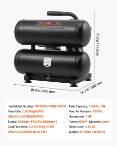 Compresor aer VEVOR FB1390D-108BS-10C18 18L 650W ultra-silentios 120PSI - Img 7