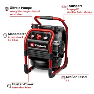 Compresor mobil Einhell SILENZZO 18160 8 bar 6L Pompa fara ulei - Img 3