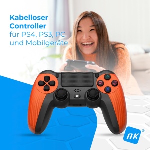 Controler Wireless NK pentru PS4 / PS3 / PC/Mobile - Controler Wireless cu Dualshock, Functie de Detectare pe 6 Axe, Lumina LED, Panou Tactil, Mufa Casti, Incl. Cablu de Incarcare - Portocaliu - Img 2