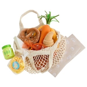 Cos de cumparaturi HABA Creative Play 2012304001 cu alimente din lemn si material textil