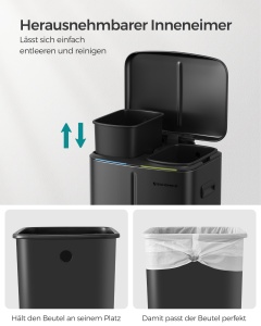 Cos de gunoi metalic SONGMICS LTB40B02, 2 x 20 L, negru, cu sistem de reciclare - Img 7