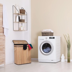 Cos de rufe Relaxdays, bambus, 3 compartimente, 90 litri, cu capac - Img 2