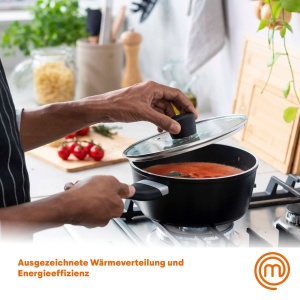 Cratita MasterChef cu capac de sticla, oale de gatit cu inductie de 20 cm, oala pentru paste, oala pentru supa, cratita din aluminiu negru, acoperita, inductie pentru oala, tigai potrivite pentru toate aragazurile, rezistente la zgarieturi - Img 5