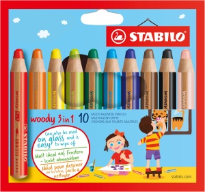 Creion colorat STABILO woody 3 in 1, 10 culori, grosime 10 mm