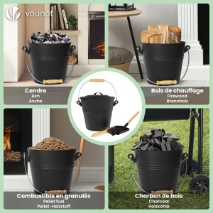 Cufar pentru cenusa VOUNOT 5L cu capac, metalic, negru, cu lopata si perie - Img 6