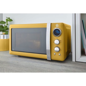 Cuptor cu microunde digital Swan Retro SM22030YELNEU 20L, 5 niveluri de putere, functie de dezghetare, temporizator de 60 de minute, usa cu efect de oglinda, placa turnanta de 27cm, design vintage, galben, 800W - Img 4