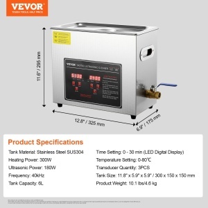 Curatitor cu ultrasunete VEVOR 6L, 300W, inox, cu afisaj digital - Img 7