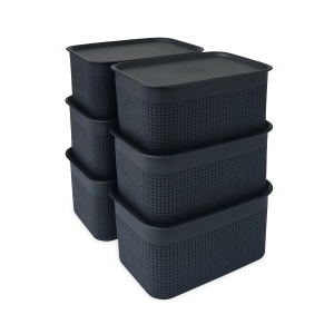 Cutie de depozitare Relaxdays 6 buc, capacitate 5 L, cu capac, plastic, negru