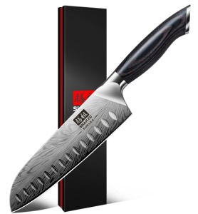 Cutit de bucatarie din otel pulbere SHAN ZU, cutit de bucatar japonez Cutit Santoku, cutit de bucatar profesional de 18 cm cu continut ridicat de carbon, cutit de bucatarie ascutit cu maner ergonomic din lemn Pakka - Img 1