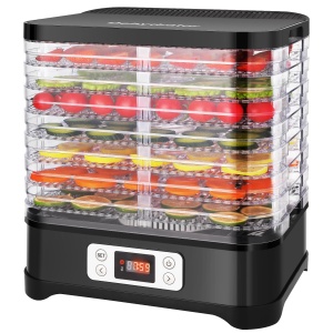 Deshidratator alimentar MEYKEY, 8 compartimente, deshidratator pentru legume, fructe, carne, temperatura reglabila 35-70degC, 400W, negru, otel inoxidabil