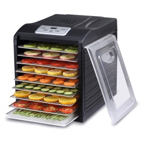 Deshidratator/deshidratator BioChef Arizona Sol cu 9 tavi din otel inoxidabil PLUS Temporizator digital + termostat, 3 x folii antiaderente, 2 x insertii cu plasa fina, 1 x placa de picurare (negru)