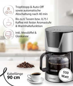 Espressor cafea Cloer 5251, 6 cesti, 550 W, inox - Img 2