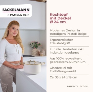 Fackelmann Oala Cu Capac 24 cm Pastel-Beige 55L Aluminiu Recycled - Img 3