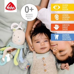 Fehn Activity Play Animal Octopus - Jucarie pentru abilitati motorii pentru bebelusi pentru carucioare, patuturi si scaune auto pentru bebelusi pentru a musca, apuca si scoate sunete - jucarii de dentitie pentru bebelusi si copii de la 0+ luni - Img 2