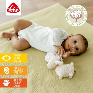 Fehn Mini-Sheep NATURE - mini jucarie de prindere din bumbac organic (organic) pentru a suna, simti, juca cu un animal de plus moale si dragalas - un insotitor loial pentru bebelusi si copii mici de la 0+ luni - Img 2