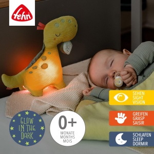 Fehn Night Light Dino - Jucarie de plus cu broderie "Glow-in-the-dark" - Ajutor multifunctional pentru somnul bebelusului ca lampa de noptiera, lampa de alaptare, lampa de noapte si lampa de pat - Pentru bebelusi si copii de la 0+ luni - Img 2