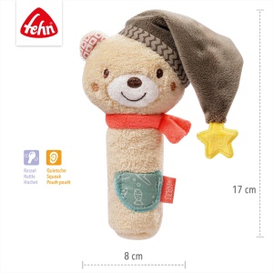 Fehn Stick Gripping Toy Bear - jucarie pentru abilitati motorii pentru bebelusi pentru a promova abilitatile motorii si simturile - jucarie ideala pentru bebelusi ca o jucarie draguta de plus cu zornaitor si scartait - cadou pentru nastere de la 0+ luni - Img 5