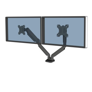 Fellowes Monitor Mount 2 monitoare de pana la 32 inchi (81,28 cm) fiecare - Brat pentru monitor seria Platinum cu arc cu gaz, porturi USB, montare cu clema sau iesire pentru cablu - negru