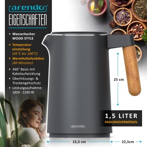 Fierbator electric Arendo 306929, 1.5L, 2200W, temperatura ajustabila, negru - Img 2