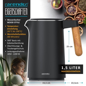 Fierbator electric Arendo cu temperatura reglabila, 1.5L, 2200W, inox, negru - Img 2