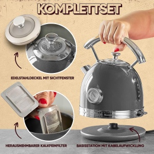 Fierbator ProfiCook(r) 1.7L cu design vintage elegant - Ceainic retro cu carcasa metalica solida si aplicatii cromate - Ceainic cu afisaj de temperatura, 2200W - PC WKS 1192 antracit - Img 3
