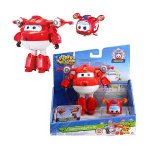 Figurina Transformabila Super Wings Jett Supercharged si Super Pet 14 cm Rosu