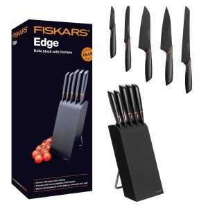 Fiskars Edge 1003099 Bloc de cutite cu 5 cutite Birkenholz Negru