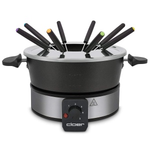 Fondue Cloer 6679 pentru 8 persoane, oala din aluminiu acoperit, inclusiv protectie impotriva stropilor, 8 furculite cu coduri de culoare 1,5 litri, 1000 W, argintiu, negru - Img 1
