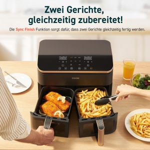 Friteuza cu aer cald COSORI 2 camere, castigatorul testului Stiftung Warentest, friteuza cu aer cu doua zone 6-in-1 8.5 L, camera dubla cu fereastra de vizualizare pentru masa completa, auriu - Img 4