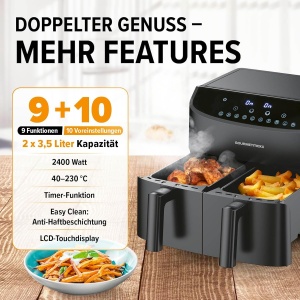 Friteuza cu aer cald GOURMETmaxx Doppelkammer 2x3,5L 2400W Negru - Img 2