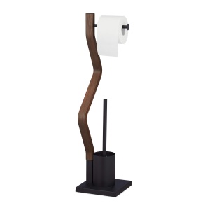 Garnitura WC Relaxdays, suport toaleta si perie, metal negru, lemn inchis