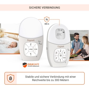 Gigaset Baby 100 Audio - Monitor audio pentru bebelusi cu tehnologie DECT - Comunicare bidirectionala securizata - Raza de actiune de 300 m - Cronometru de hranire - Senzor de temperatura - Lumina de noapte - Afisaj de sunet pe 3 niveluri, gri cald - Img 2