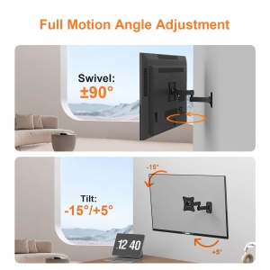 GRIFEMA GB1009-1 Televizor cu montare pe perete pentru monitor pentru 10-27", suport pentru monitor pivotant de perete rabatabil extensibil, pana la 15 kg, VESA 100x100mm si 75x75mm, montare pe ecran rotativa 360 deg - Img 5