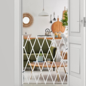 Grilaj de protectie pentru caini Relaxdays, extensibil 17-118 cm, inaltime 69-82,5 cm, bambus, alb - Img 2