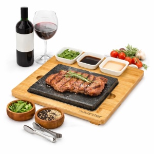 Grill cu piatra incalzita NutriChef Set complet cu bambus si ceramica, ideal pentru carne si legume
