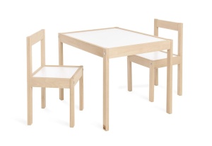 Grup de scaune pentru copii PINOLINO Olaf, 3 piese, din lemn, 2 scaune si 1 masa, pentru copii de la 2 ani, lacuit transparent si decor simplu, alb, masa de pictura pentru copii