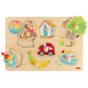 HABA First Words Grabbing Puzzle - Puzzle din lemn cu butoane mari pentru invatarea primelor cuvinte descoperirea culorilor si recunoasterea formelor