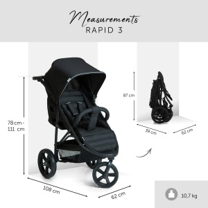 hauck Buggy Rapid 3, pentru copii de pana la 22 kg, Mic pliabil, cu functie de dormit de la nastere, Glisor reglabil pe inaltime, Cos mare de pana la 3 kg, Anvelopa din plastic (caviar/negru) - Img 6