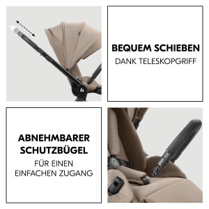 Hauck Set carucior 2 in 1 de la nastere pana la 22 kg Set Move N Care, Landou mare, Scaun carucior reversibil cu functie de inclinare, Maner telescopic, Roti din cauciuc, Suspensie, Protectie UV 50+, Pliabil, Cos XL (Mocha) - Img 4