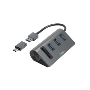 Hub USB Hama cu cititor de carduri, 5 porturi, 3x USB-A, SD, microSD, gri