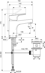 Ideal Standard BC829AA Robinet de lavoar Cerabase H80, cu set de scurgere cu buton, proiectie 10,6 cm, cromat - Img 2