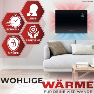 Incalzitor electric ProfiCare(r) cu fata din sticla si element de incalzire in forma de X | Radiator mobil potrivit si pentru montarea pe perete | Incalzitor convector cu 2 niveluri de caldura | incalzire silentioasa - 0dB | PC-GKH 3118 negru - Img 4