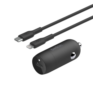 Incarcator auto Belkin BoostCharge 30W, USB-C, cu cablu Lightning, negru