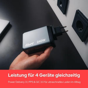 Incarcator Verbatim GaN 240W, 4 Porturi USB-C, Compact si Usor - Img 5