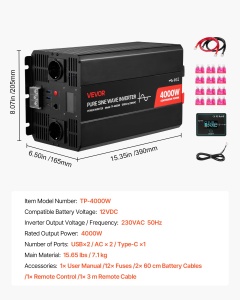 Invertor VEVOR 4000 W 12V DC-230V AC Reine Sinus cu LCD si Telecomanda - Img 7